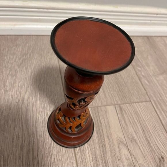 Vintage Wooden Hand Carved Floral Design Candle Holder - Picture 5 of 6